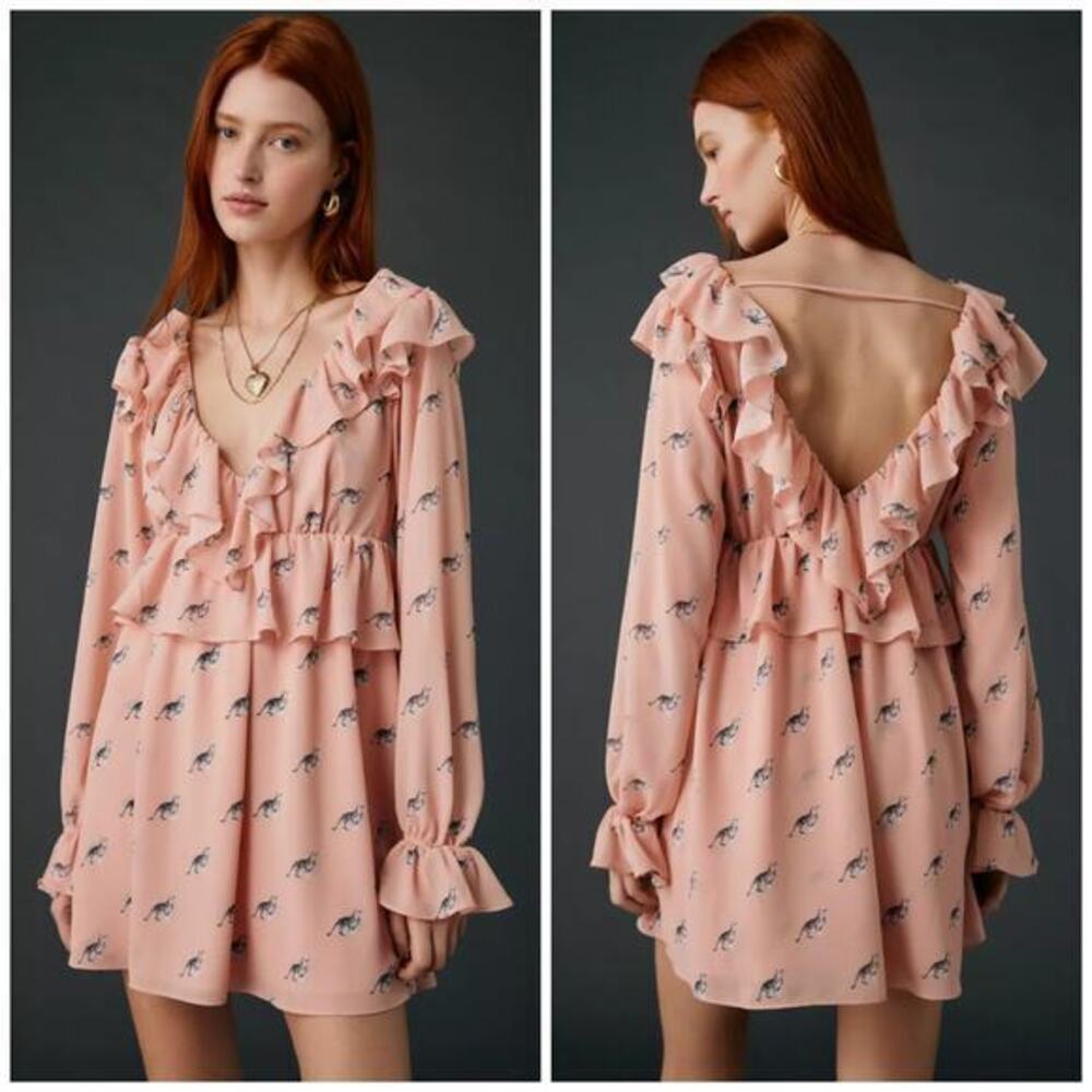 NWOT AFRM Arland Kitten Dot Ruffle Long Sleeve Babydoll Mini Dress Size S